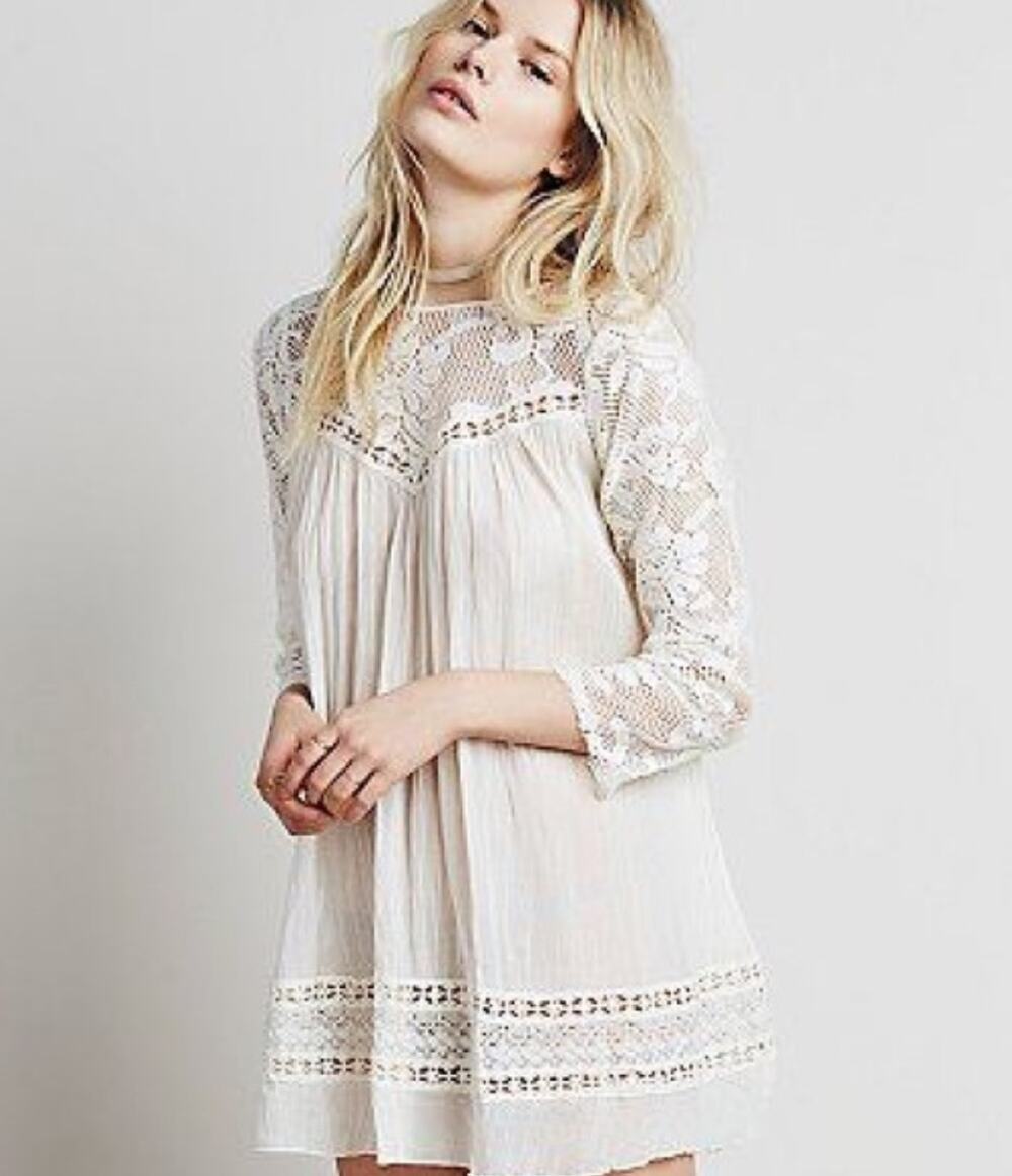 Free People FP One Fly Away Open Back Ivory Lace Sheer Blouse 3/4 Sleeve Large